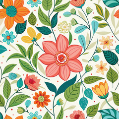 Floral seamless pattern with cute wild  flowers and leaves isolated on a white background