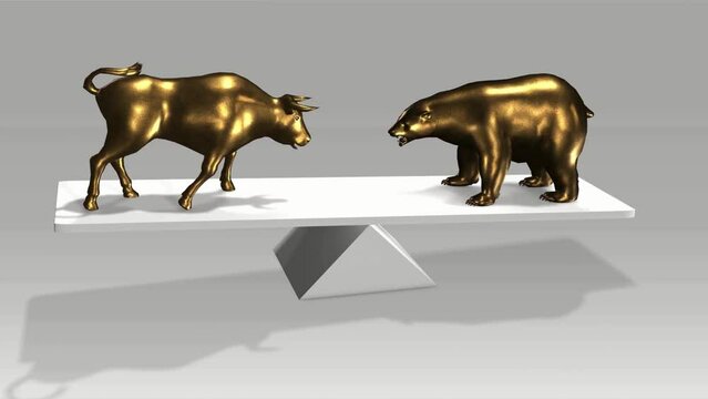 Wallstreet bull and bear market concept animation 3D. Stock market up and down, finance risk trend investment business and money losing moving economic data
