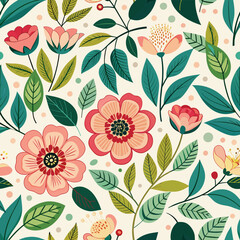 Floral seamless pattern with cute wild  flowers and leaves isolated on a white background