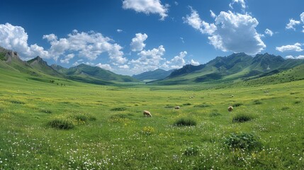 Fototapeta na wymiar Herd of Sheep Grazing on Lush Green Field