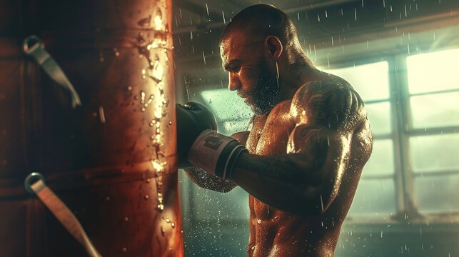 photograph of a boxer training with a punching bag