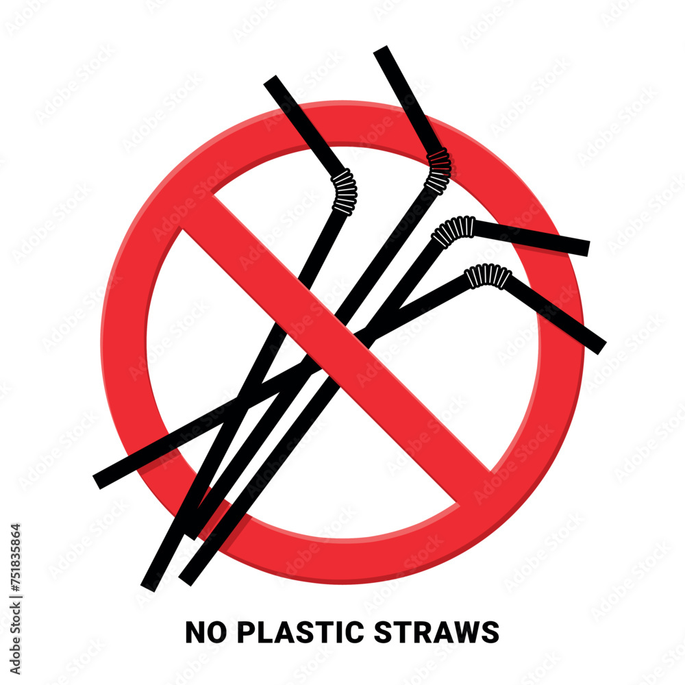 Wall mural no plastic straws red prohibition sign, say no to plastic pollution, save earth, zero plastic waste 