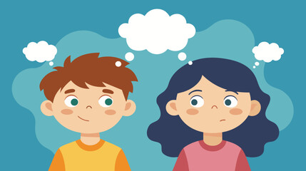 Two Children With Thought Bubbles Against Blue Background