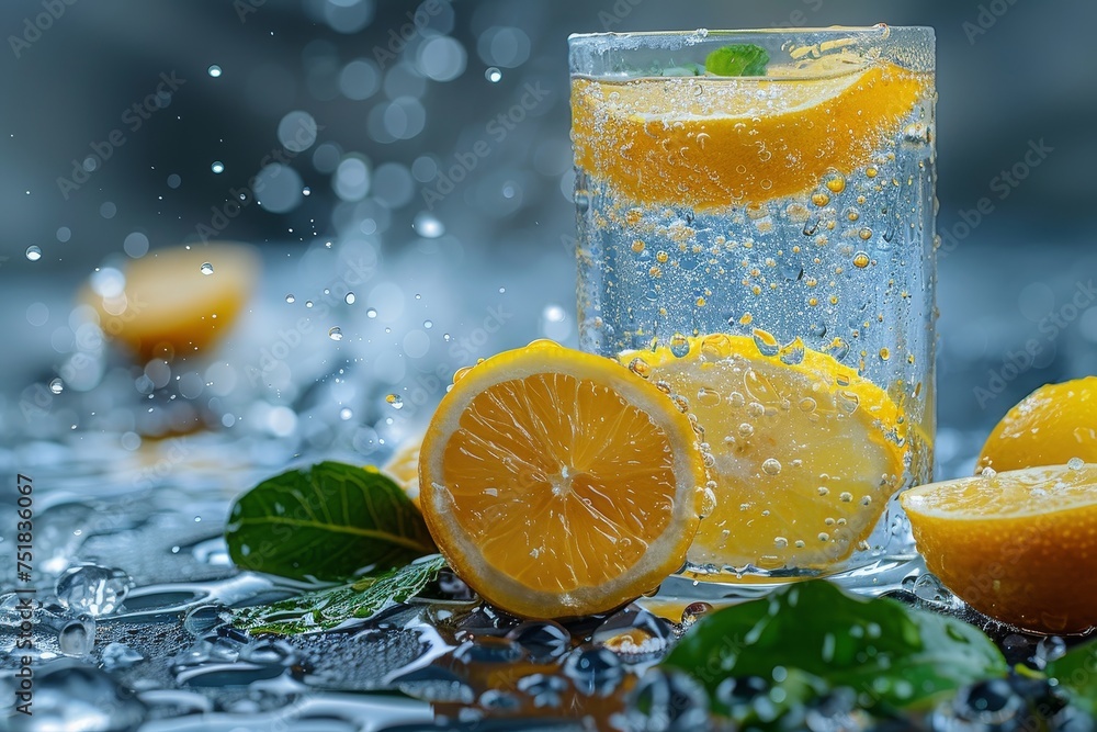 Poster a close-up image capturing effervescent water with lemon wedges and mint, creating a fresh and vibra