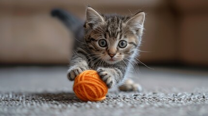 Kitten Playing With Ball of Yarn