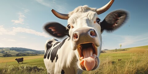 Banner shot of happy cow with open mouth in the green meadow