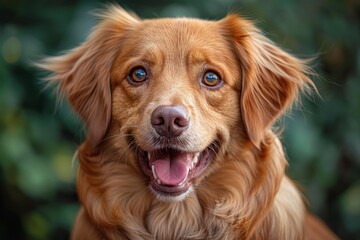An adorable golden retriever poses for a portrait, his identity creatively obscured, highlighting the breed's renowned friendliness