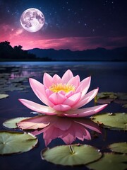 Beautiful pink water lily blooming in pond at night under full moon