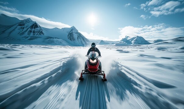 An adventurous person snowmobiling through a vast, snow-covered  mountains