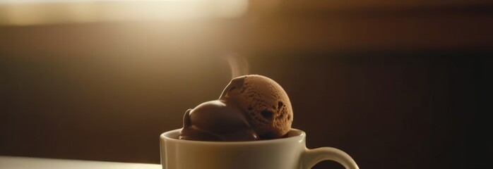 Delicious cup of ice cream sits on table in front of window, basking in natural light. For advertising, banner, relaxation, lifestyle, menu, food, dessert, culinary or cafe themed content. Copy space.