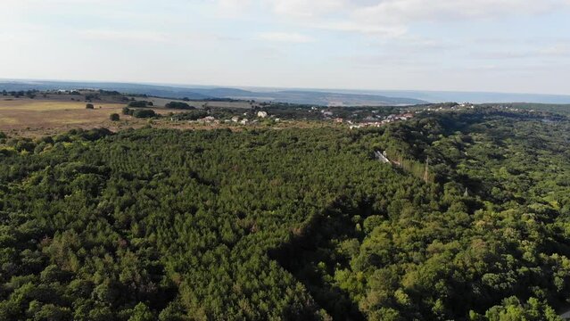 Panoramic aerial view of forest and resort of Golden Sands the Bulgarian Black Sea. Summer holiday in Europe.