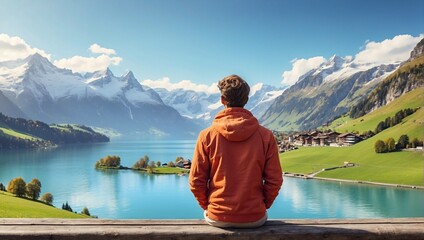 Naklejka premium Happy traveller back view. Young man looking the lake in mountains 