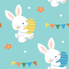 Easter seamless pattern with bunny and eggs on blue background.