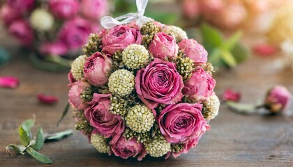 kissing ball pomander ornament with pink dried roses and gomphrena flowers