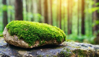 stone covered with green moss on blurred forest background close up nature background with copy...
