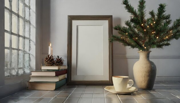 minimal festive christmas indoor decor blank vertical wooden picture frame mockup on tiled floor pine tree branches in vase cup of coffee and old books white hall background empty template