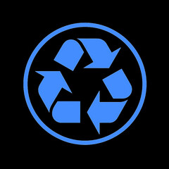 símbolo azul del reciclaje sobre fondo negro