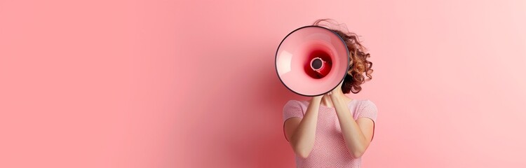 woman with megaphone isolated on a solid pink background - obrazy, fototapety, plakaty
