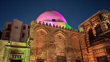 Night view of the dome ancient mosque Al-Mui´zz street in Cairo Egypt