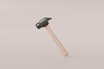 3D Minimal Cartoon Wooden iron hammer repair tool icon. Repair equipment construction concept. engineering construction. on isolated brown pastel background. Minimal cartoon 3d Rendering illustration.
