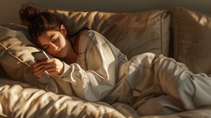 Young Woman Relaxing on Sofa With Smartphone at Night in Cozy Home Setting