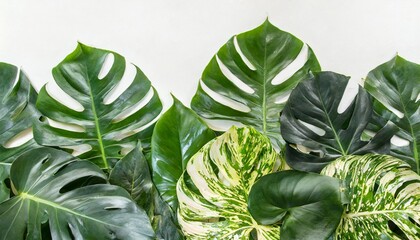 tropical foliage plants variegated leaves of monstera and alocasia popular rainforest houseplants on white green variegated leaves pattern nature frame border background