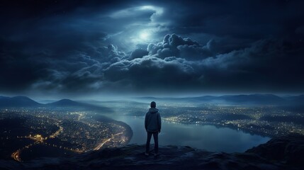Man Sitting on Hill Looking at Night Sky - obrazy, fototapety, plakaty