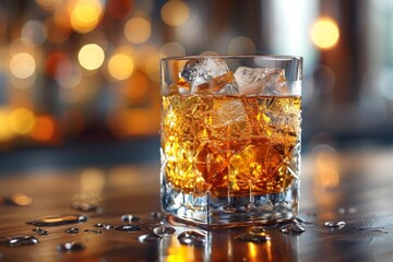 A close-up of whiskey served on ice in a clear glass, showcasing the amber liquid's rich, golden color