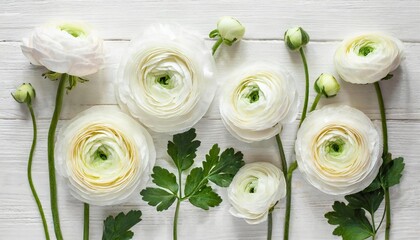 set collection of white or cream colored buttercup ranunculus flowers and buds 2 isolated romantic spring design elements over a transparent background top view flat lay - obrazy, fototapety, plakaty