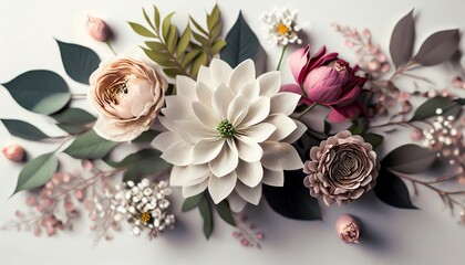 festive flower composition on white background overhead view