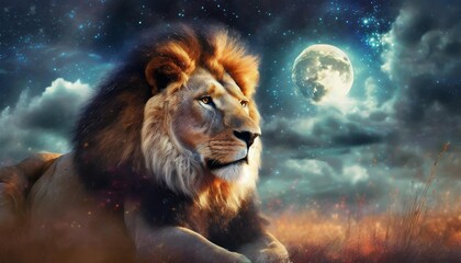 african lion and moon night in africa banner african savannah landscape theme king of animals...