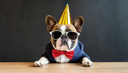 celebration birthday sylvester new year s eve party funny animal banner greeting card bulldog dog with party hat outfit sunglasses suit and bow tie isolated on black table background - obrazy, fototapety, plakaty