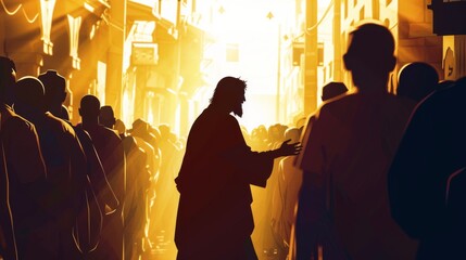 Silhouette of Jesus Christ in a crowded market, touching and healing the sick.
