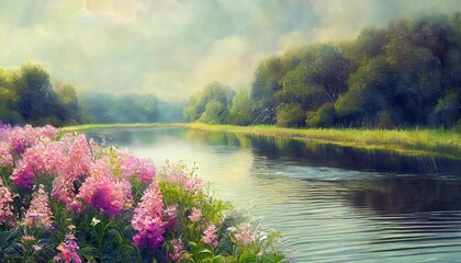 dreamy surreal landscape river vegetation and flowers pastel colours desaturated digital illustration - obrazy, fototapety, plakaty