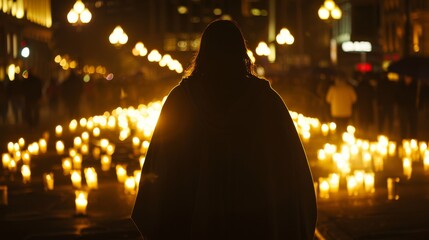 Silhouette of Jesus Christ leading a candlelight vigil for global peace in a city square.