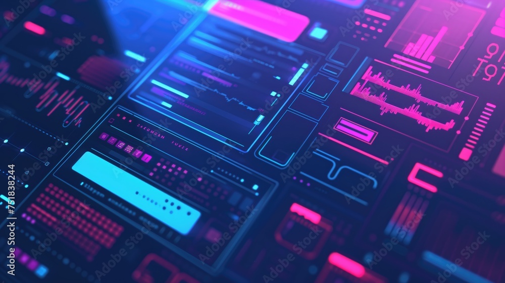 Poster a vibrant, futuristic control panel with glowing interfaces and intricate data analytics