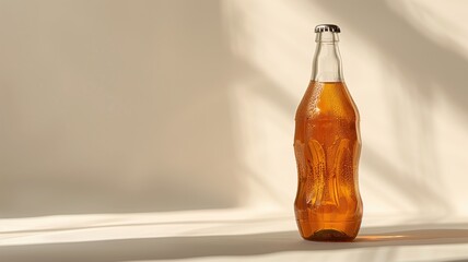 Soft light on a sparkling soda bottle on a beige backdrop - obrazy, fototapety, plakaty