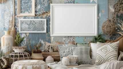 A bohemian-styled living space with a variety of textures and patterns, featuring an empty white photo frame among a collage of other frames and decorative items on a feature wall - obrazy, fototapety, plakaty