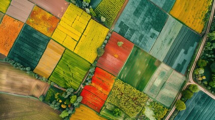 Colorful patchwork of crop fields from an aerial perspective