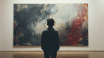 A viewer contemplates a large abstract painting, highlighting reflection and modern art appreciation