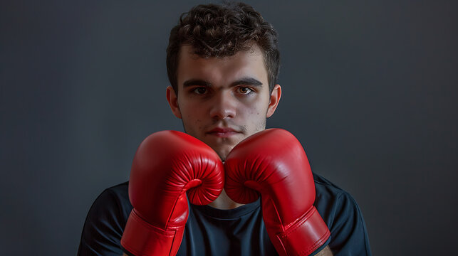 a young man wearing red boxing gloves posing for a picture in a studio setting with a black background