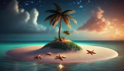 3d rendering of a small tropical island with palm tree in the middle and star fish on a sand and some clouds behind - Powered by Adobe
