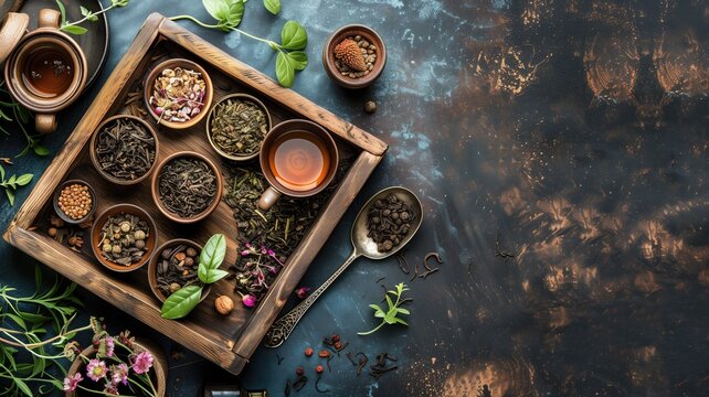 Various teas and spices displayed in a wooden box with fresh leaves