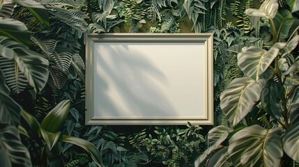 A gallery where an empty wall frame mockup is set against a wall of living plants