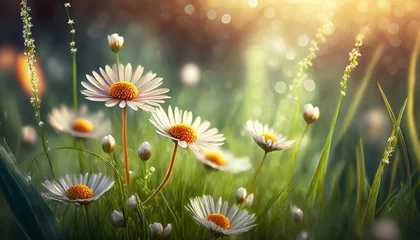Poster flowering daisy flower in meadow beautiful nature in spring daisy flowers lit by sun rays © Deanne