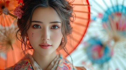 Portrait of a Young Japanese Woman in Traditional Attire With Cherry Blossoms