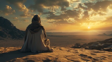 Reflective portrayal of Jesus Christ's solitude in the desert, highlighting spiritual strength and the importance of self-discipline. - obrazy, fototapety, plakaty