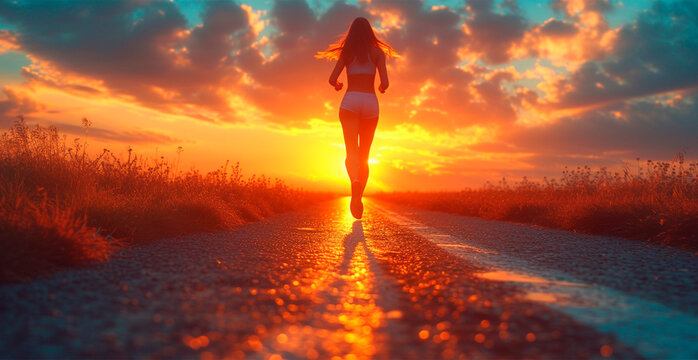 Running girl at sunset, sports jogging, healthy lifestyle - AI generated image