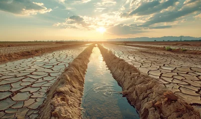 Foto op Plexiglas sunset over dry cracked earth of an agricultural canal in a drought stricken area © Klay