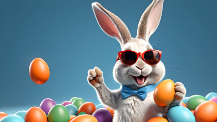 funny Easter card. funny cheerful bunny rabbit in sunglasses juggles with colored eggs